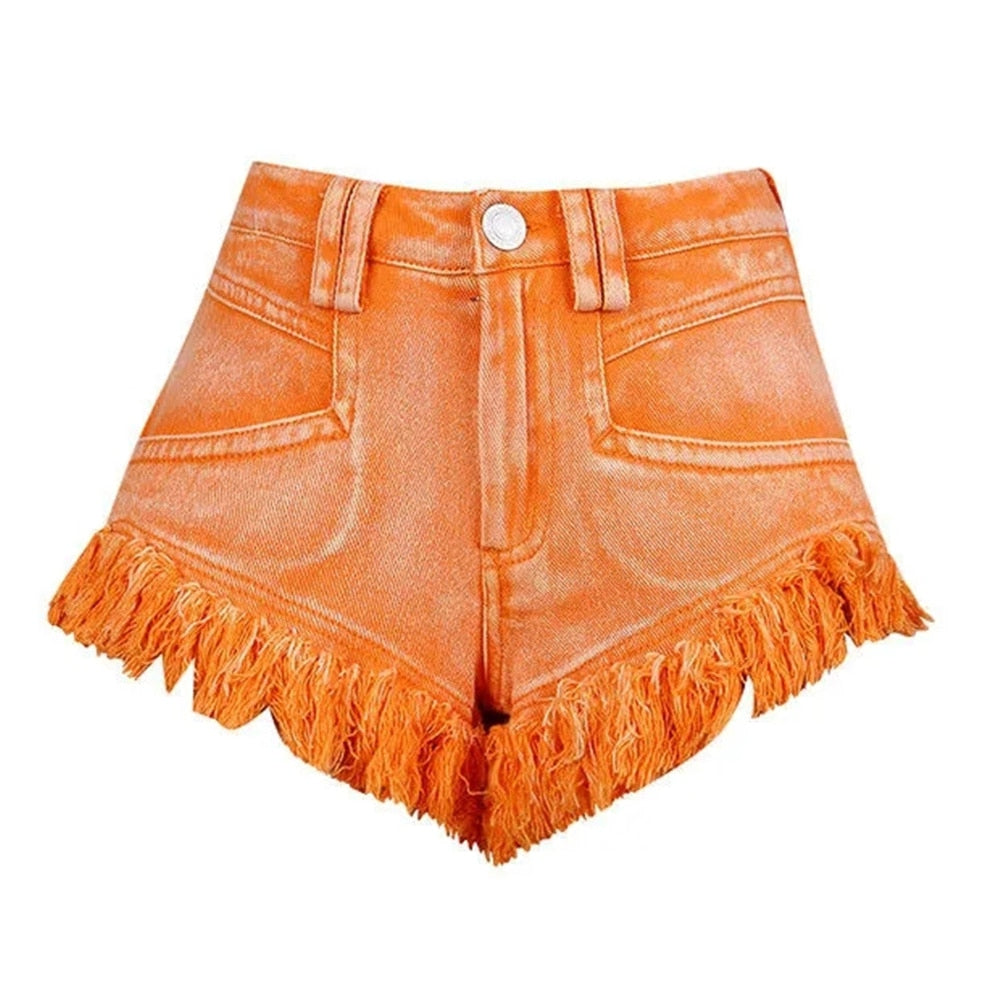 Orange Tassel Patchwork Mid Waist Pockets Gothic High Street Short Jeans