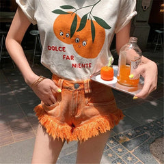 Orange Tassel Patchwork Mid Waist Pockets Gothic High Street Short Jeans