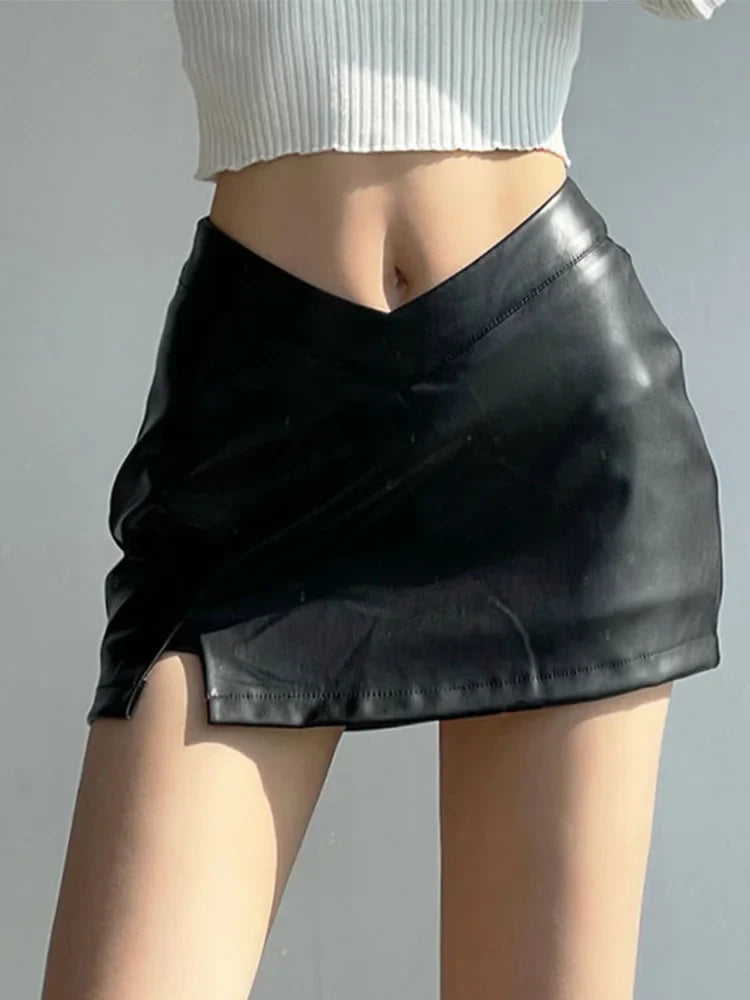 Vintage Black PU Leather A-line Mini Skirt