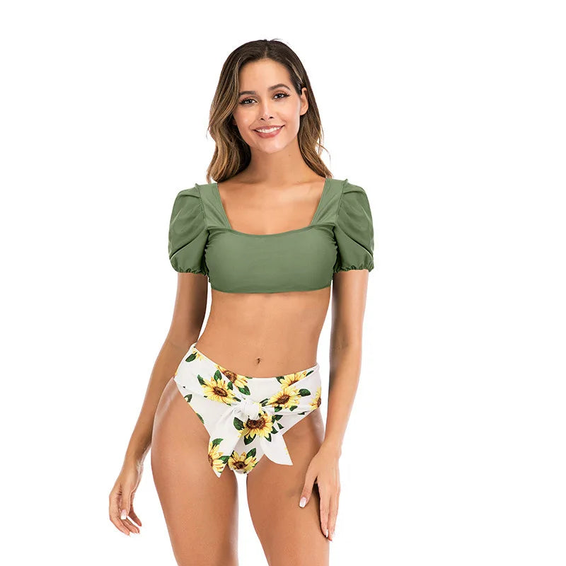 Para Praia 7 Colors Puff Sleeve Basic Swimsuit