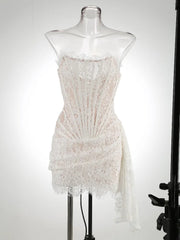 Fashion Solid Pleated Fishbone Evening Dress Birthday Lace Dress