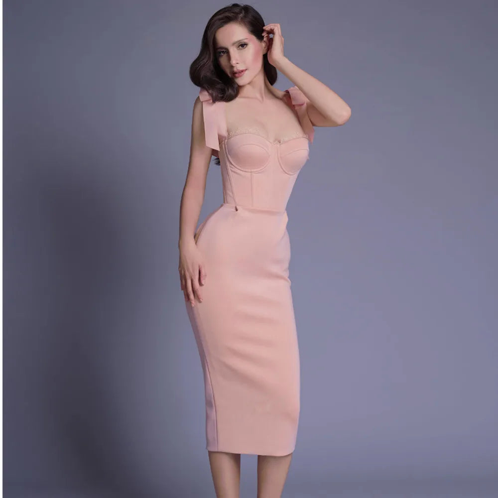 New Pink White  Sleeveless Bodycon Midi Dress