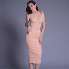 New Pink White  Sleeveless Bodycon Midi Dress