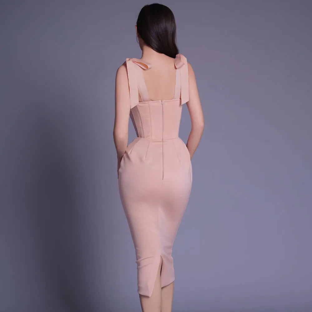 New Pink White  Sleeveless Bodycon Midi Dress