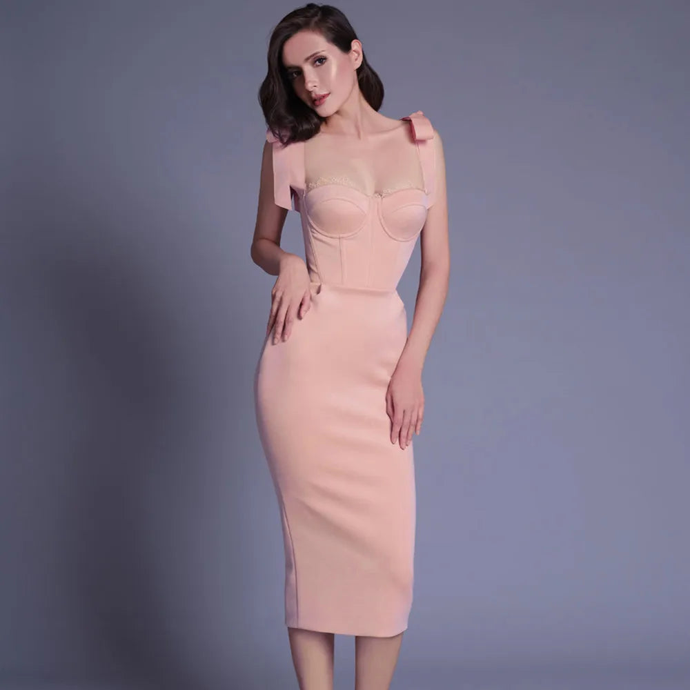 New Pink White  Sleeveless Bodycon Midi Dress