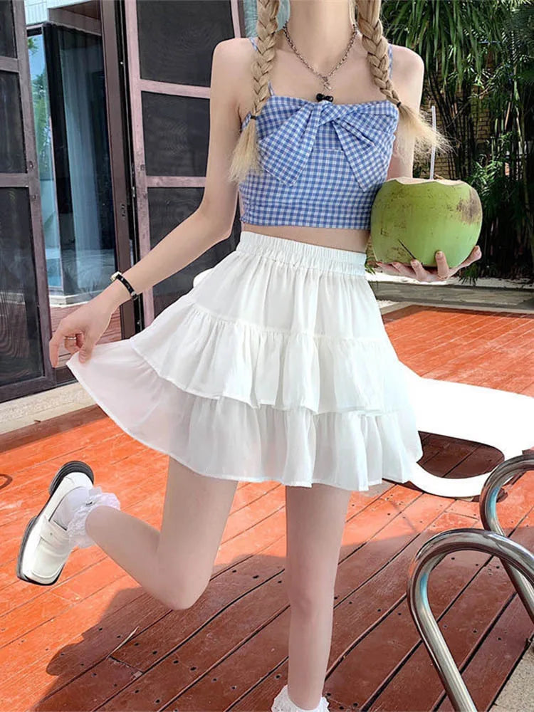 Pleated White Ruffles Preppy Style Summer Skirt