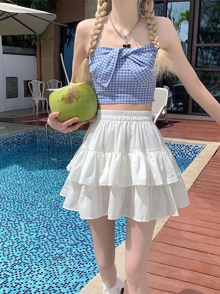 Pleated White Ruffles Preppy Style Summer Skirt