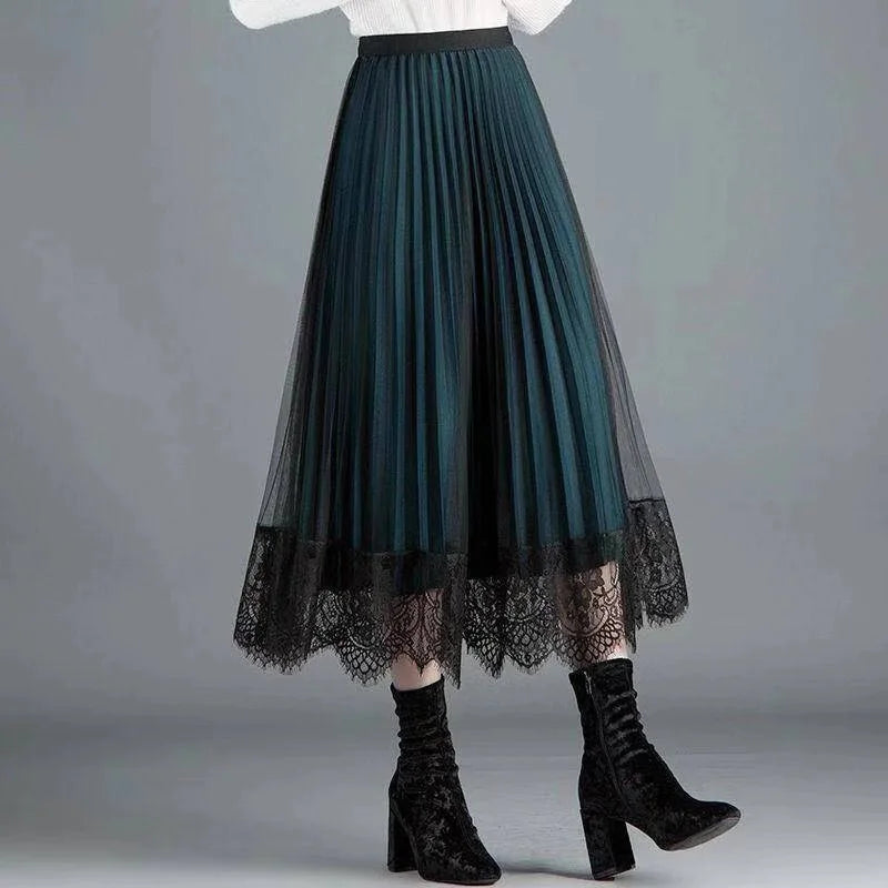 Slim Fit Lace High Waist Pleated Skirt