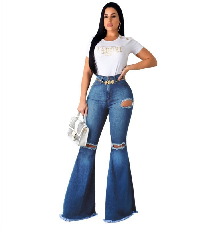 Blue Washed Flare Denim Mom Jeans Skinny Side Stripe High Waisted Sequined Pant