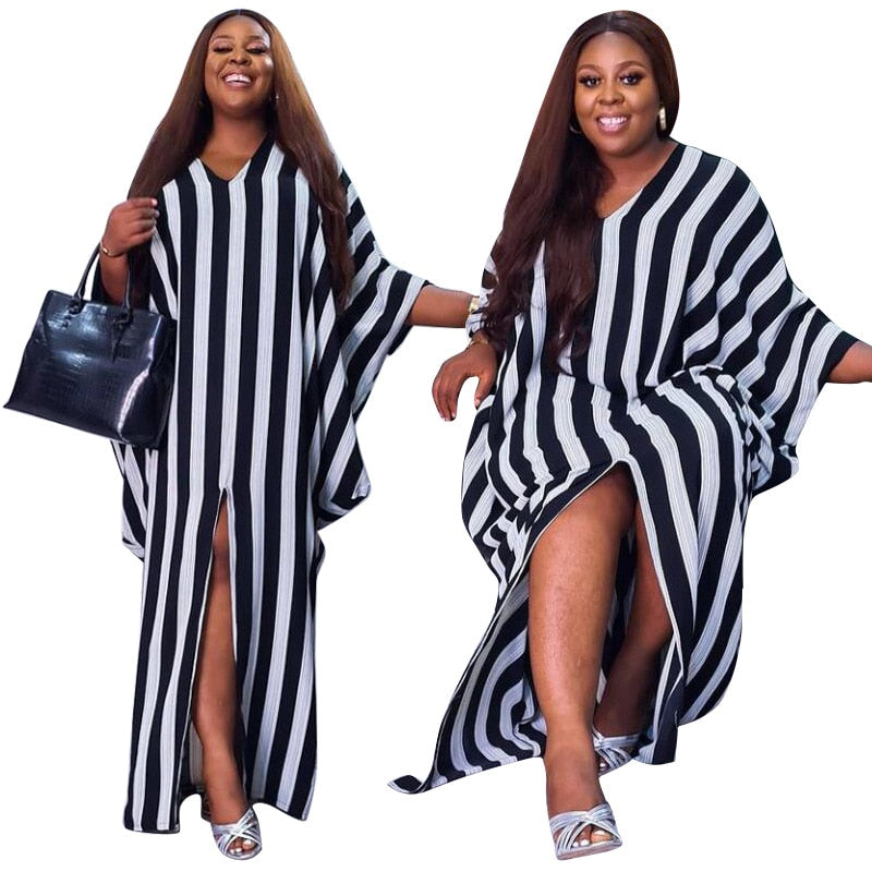 Plus Size Elegant Dresses Striped Print Split Party  Fashion Batwing Sleeve