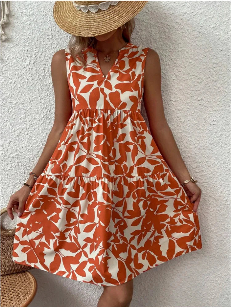 Print V Neck Chic Elegant Woman  Beach Knee-length Midi Dresses