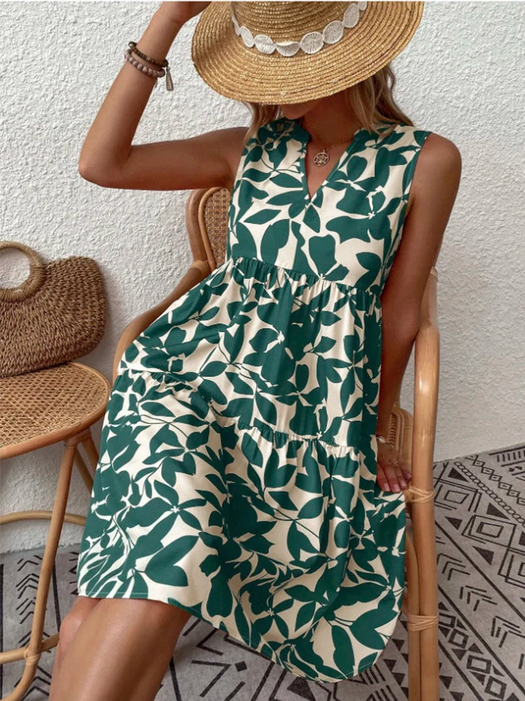 Print V Neck Chic Elegant Woman  Beach Knee-length Midi Dresses