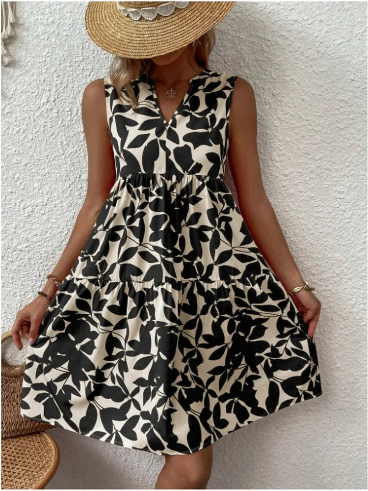 Print V Neck Chic Elegant Woman  Beach Knee-length Midi Dresses