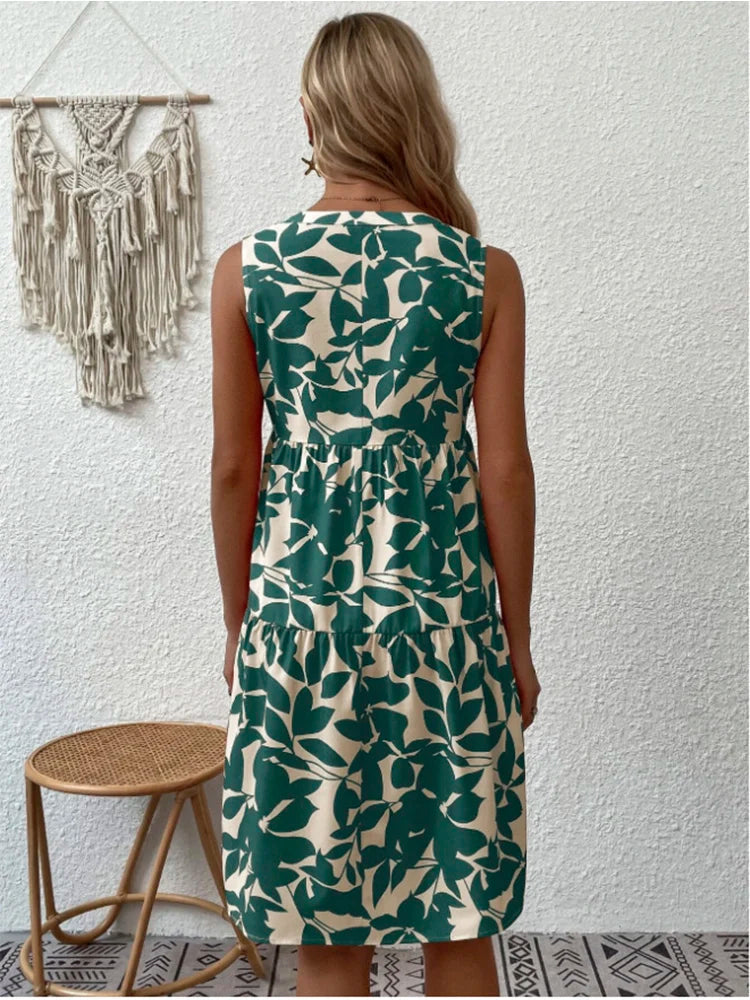 Print V Neck Chic Elegant Woman  Beach Knee-length Midi Dresses