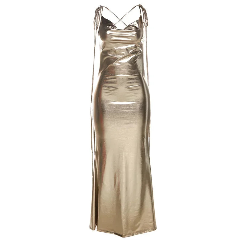 Sleeveless Backless Lace-Up Faux Leather Maxi Dress