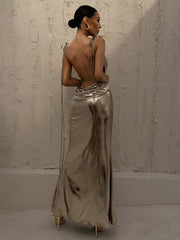 Sleeveless Backless Lace-Up Faux Leather Maxi Dress