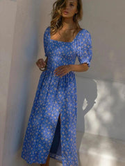 Midi Dress Vintage V Neck White Floral Print French Style Sundress  Slit Party Dresses