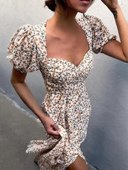 Midi Dress Vintage V Neck White Floral Print French Style Sundress  Slit Party Dresses