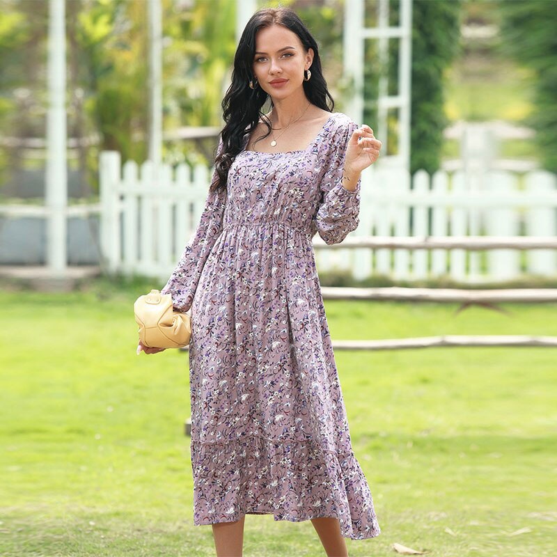 Retro Square Collar Floral Dress