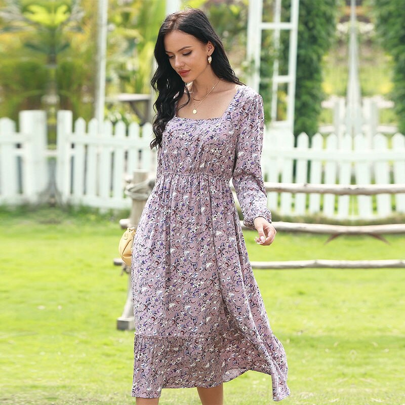 Retro Square Collar Floral Dress