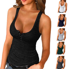 Ribbed Knitting Button U-neck Sleeveless Tank Top