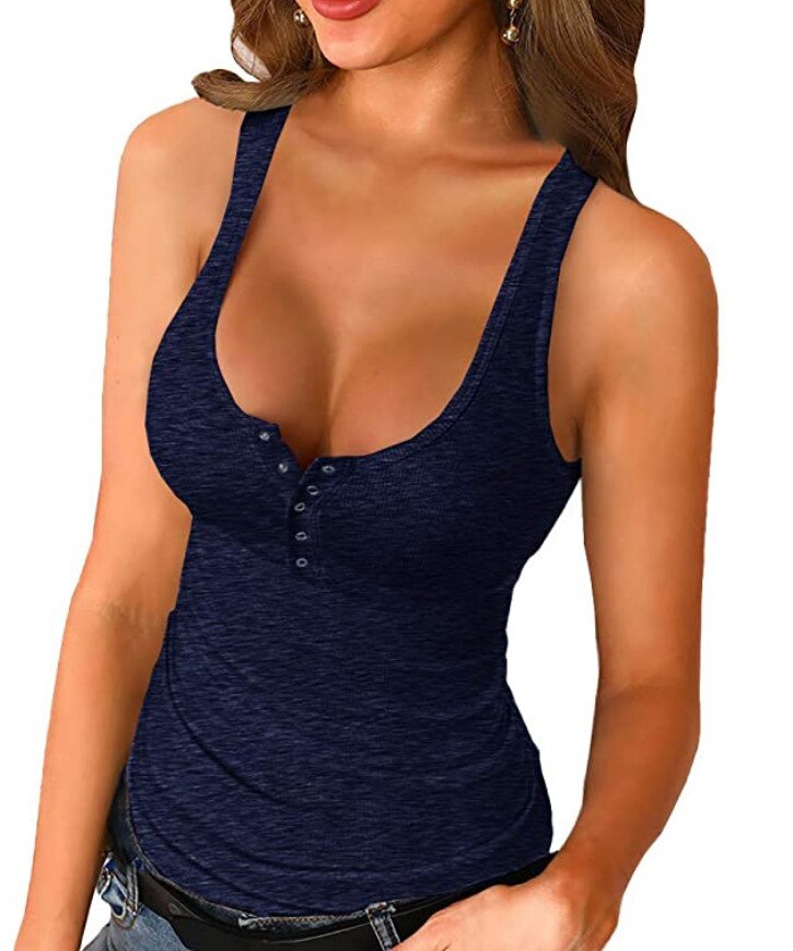 Ribbed Knitting Button U-neck Sleeveless Tank Top