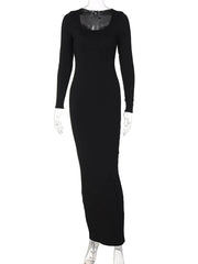 Ribbed Solid Square Neck Fall  Evening Elegant Mit Midi Dresses