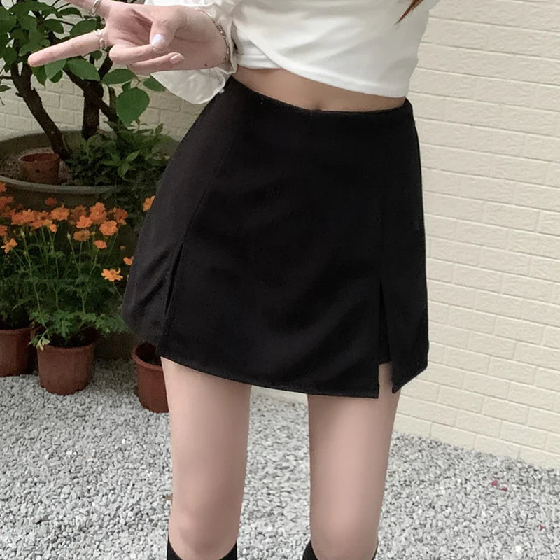 New Black White Summer Mini Split Skirt