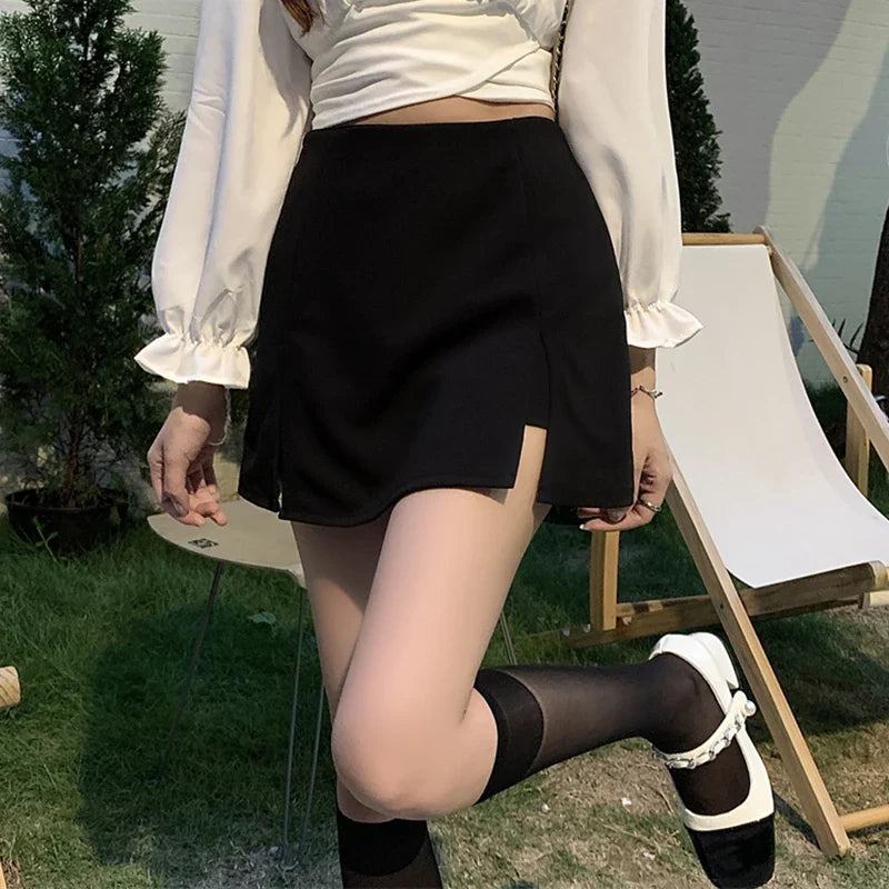 New Black White Summer Mini Split Skirt