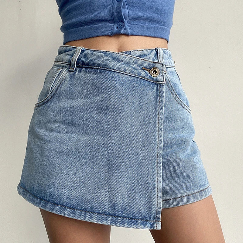 Irregular High Waist Denim Shorts Skirt