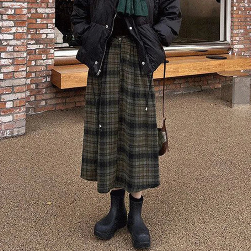 Vintage Woolen Plaid High Waist A-Line Midi Skirt