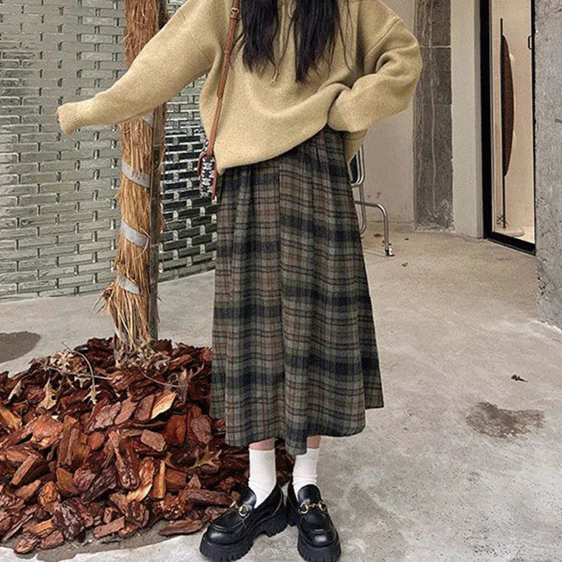 Vintage Woolen Plaid High Waist A-Line Midi Skirt