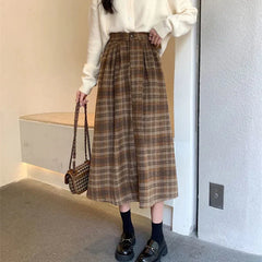 Vintage Woolen Plaid High Waist A-Line Midi Skirt