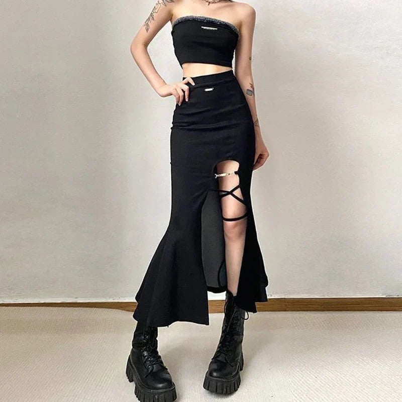 Gothic Split Mermaid Punk Style Long Skirt