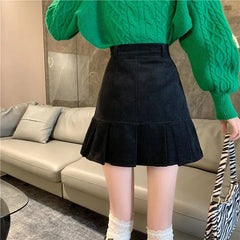 Black Khaki Corduroy Pleated High Waisted Skirt