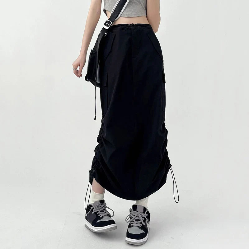 Drawstring High Waisted Cargo Split Midi Skirt