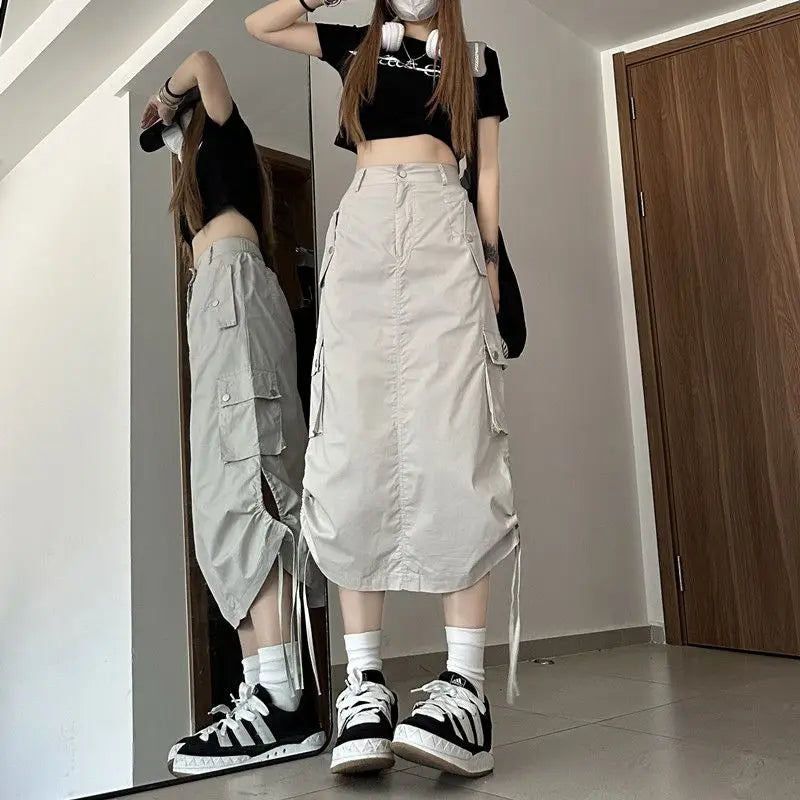 Grunge Punk High Waist Slide Pocket Baggy Cargo Skirt