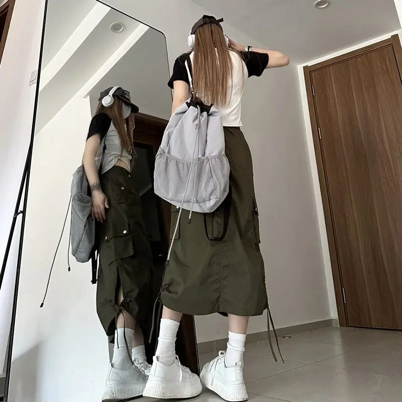 Grunge Punk High Waist Slide Pocket Baggy Cargo Skirt