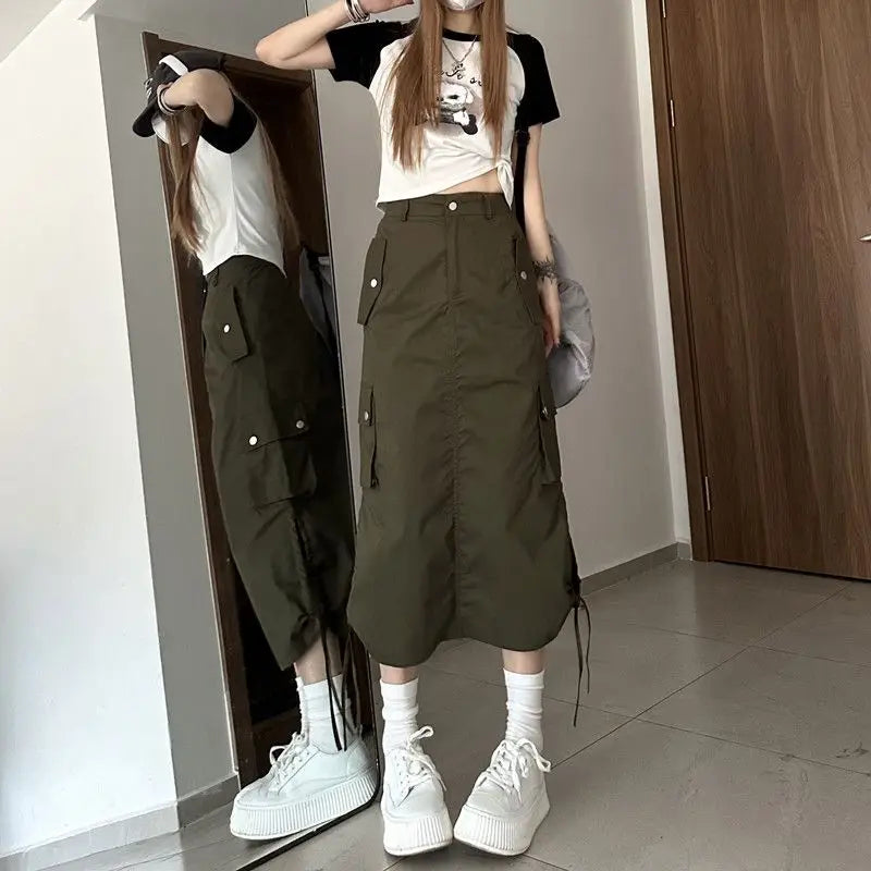 Grunge Punk High Waist Slide Pocket Baggy Cargo Skirt