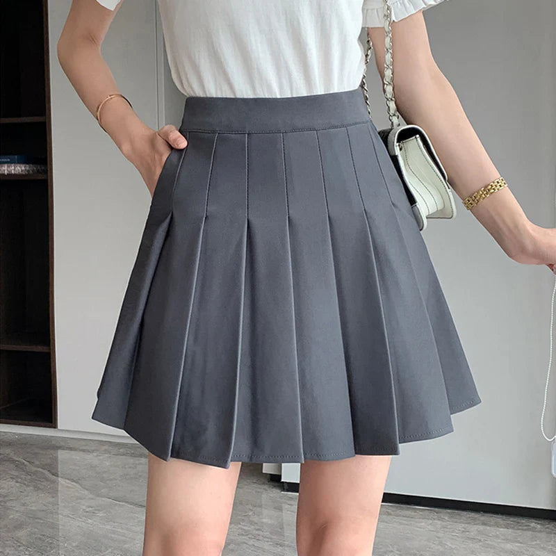 Korean Black Gray Pleated Summer Mini Skirt