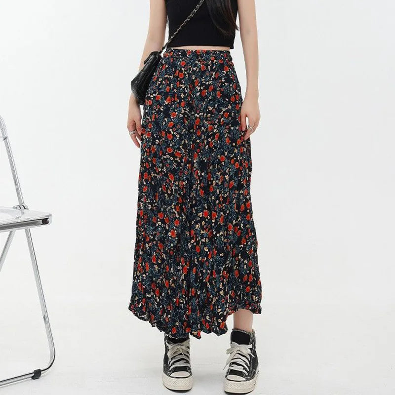 Korean Fashion Floral Print Elegant Long Skirt