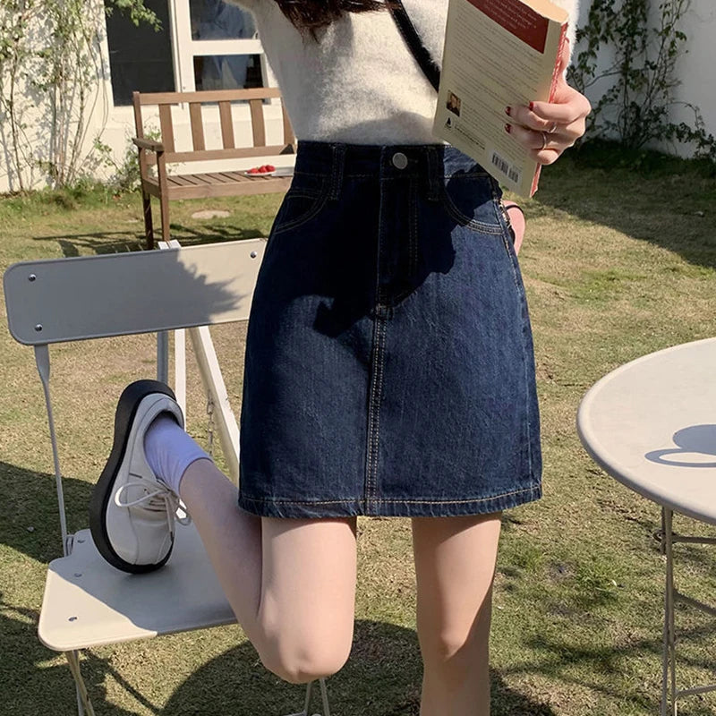 Korean Dark Blue High Waist Denim Mini Skirt