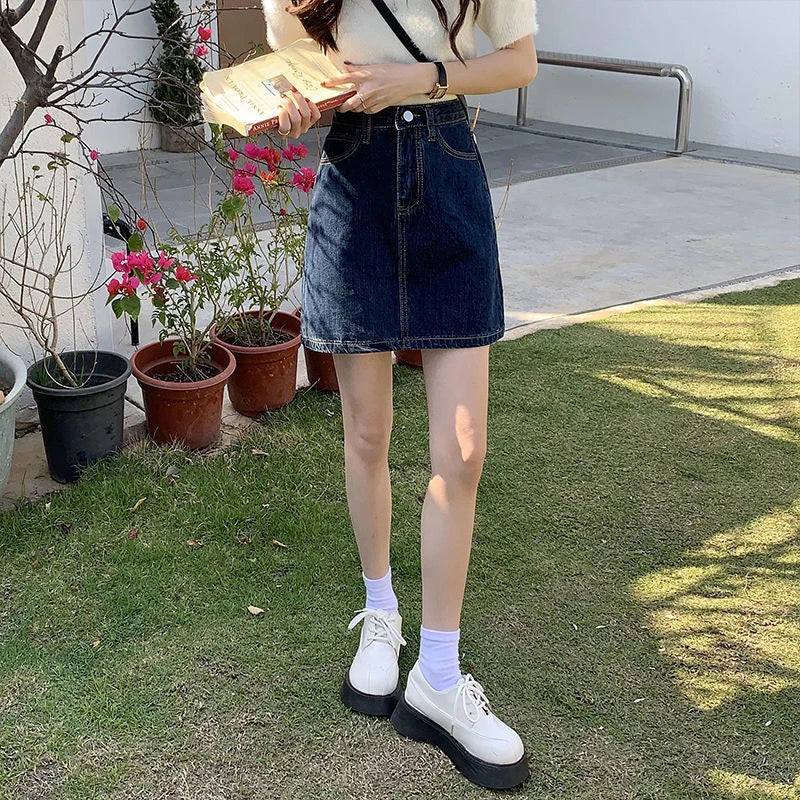 Korean Dark Blue High Waist Denim Mini Skirt