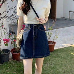 Korean Dark Blue High Waist Denim Mini Skirt