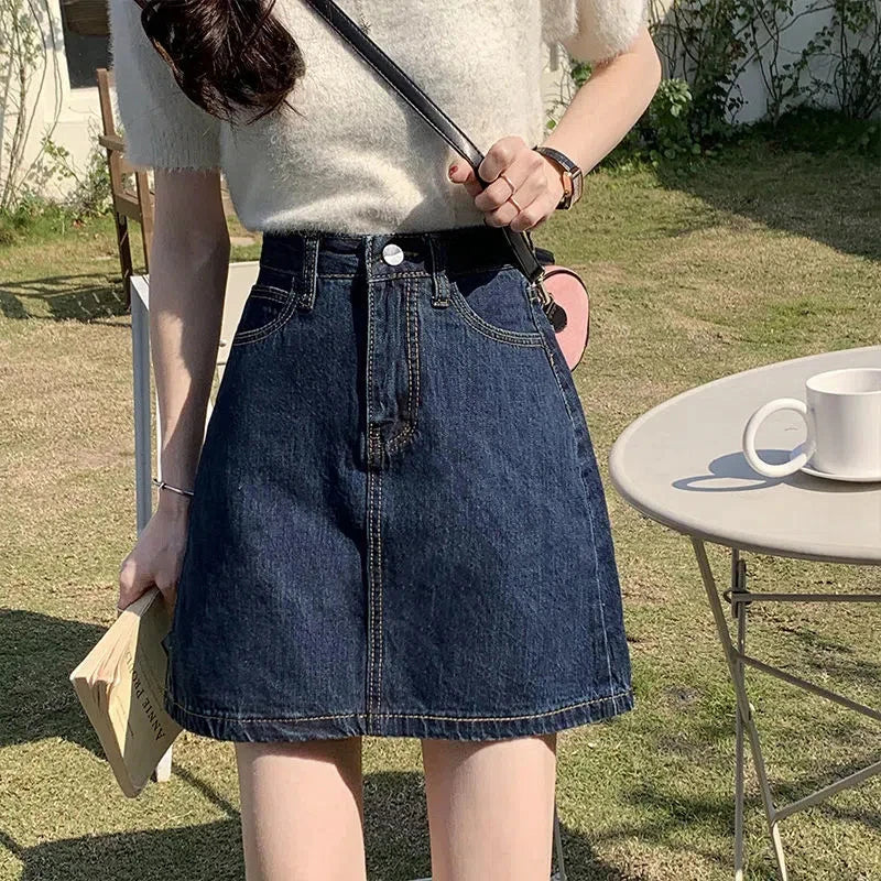 Korean Dark Blue High Waist Denim Mini Skirt