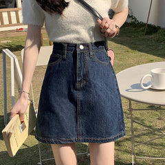 Korean Dark Blue High Waist Denim Mini Skirt