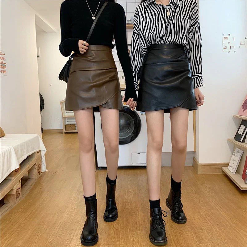 Pleated Pu Leather High Waist Irregular Skirt