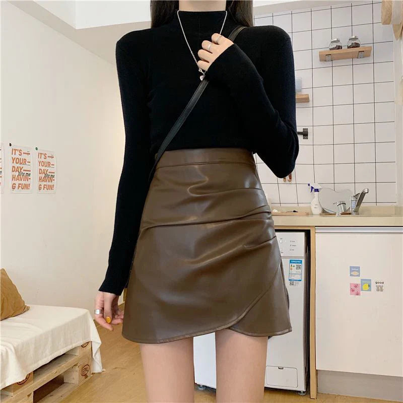 Pleated Pu Leather High Waist Irregular Skirt