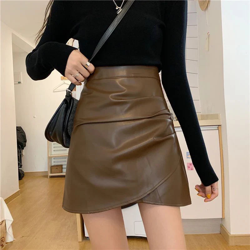 Pleated Pu Leather High Waist Irregular Skirt