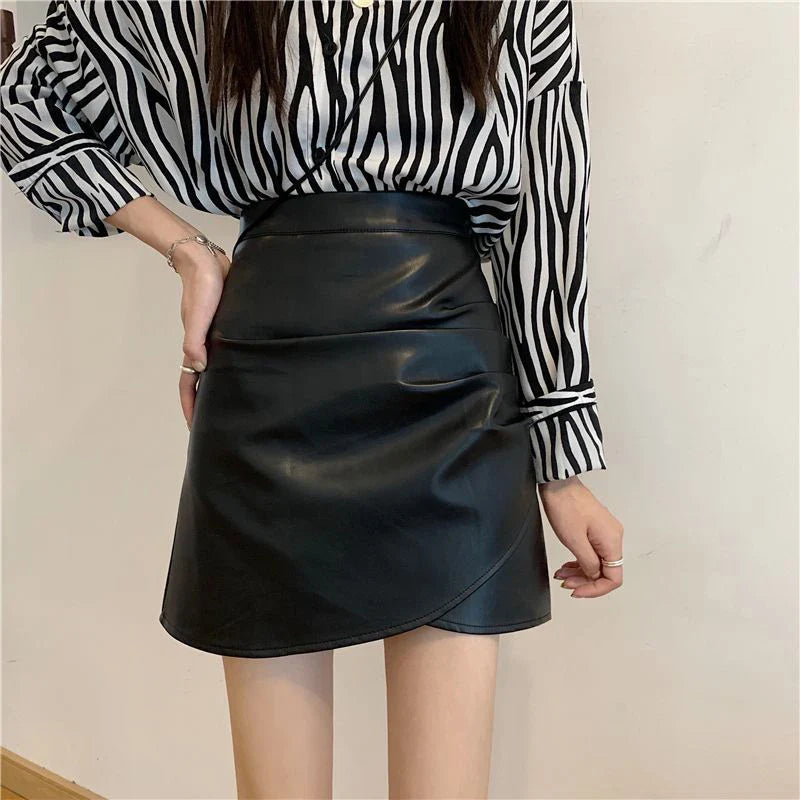 Pleated Pu Leather High Waist Irregular Skirt